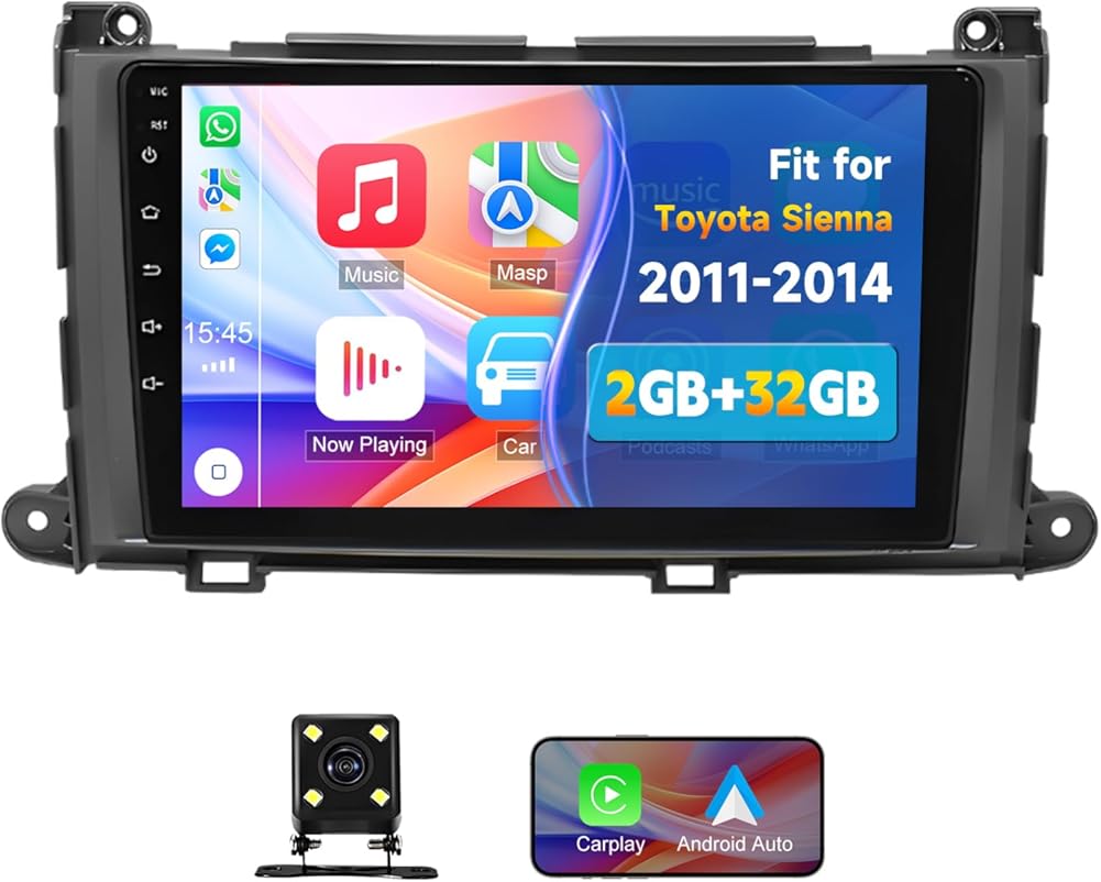 Double Din Andriod 13 Car Stereo Fit for Toyota Sienna 2011-2014 9inch Touchscreen Wireless CarPlay Andriod Auto Car Audio Receiver with FM Bluetooth HiFi GPS Wi-Fi SWC Backup Camera