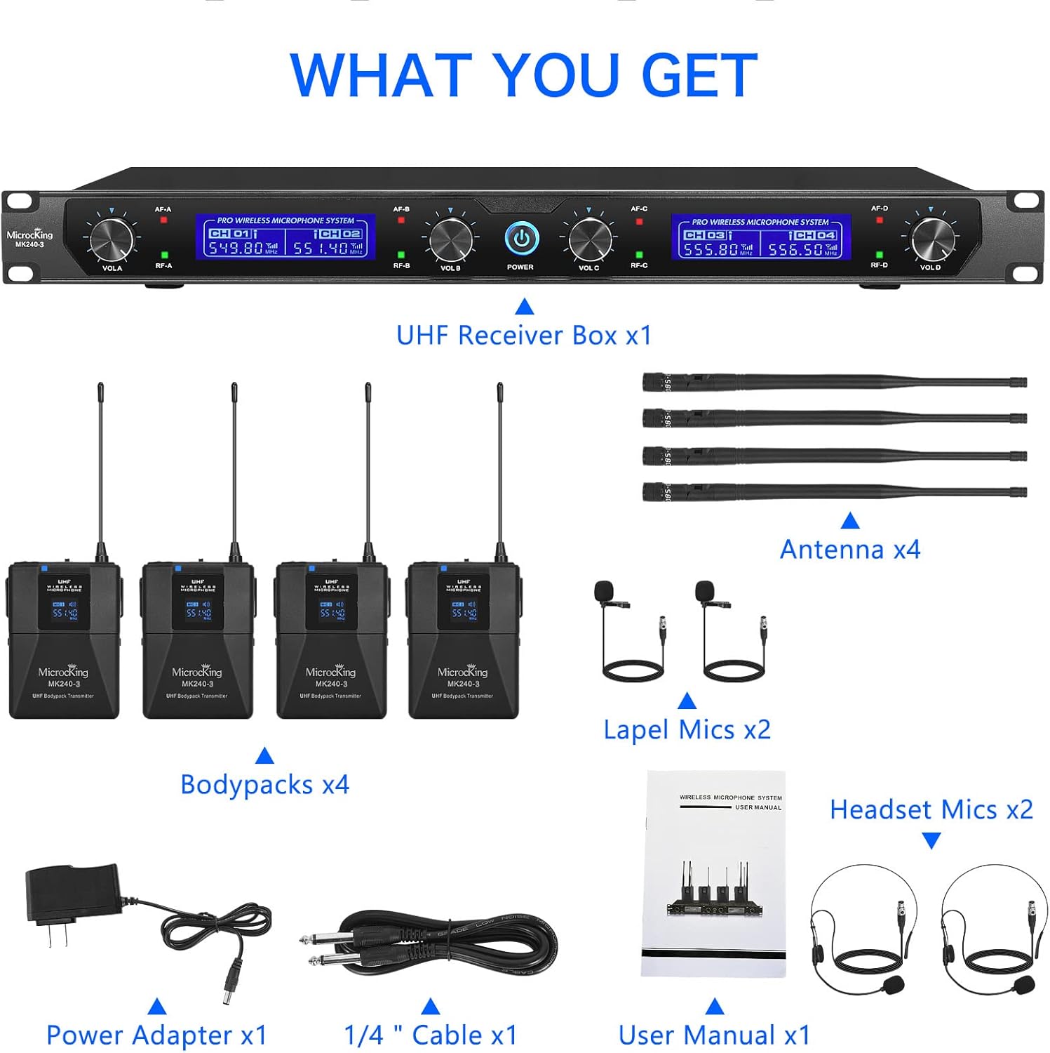 MicrocKing UHF Wireless Microphone System Cordless Lapel/Headset/Lavalier Mic(4 Bodypacks), Fixed Frequency, Long Range 400ft, Ideal for Party Church Conference Speech