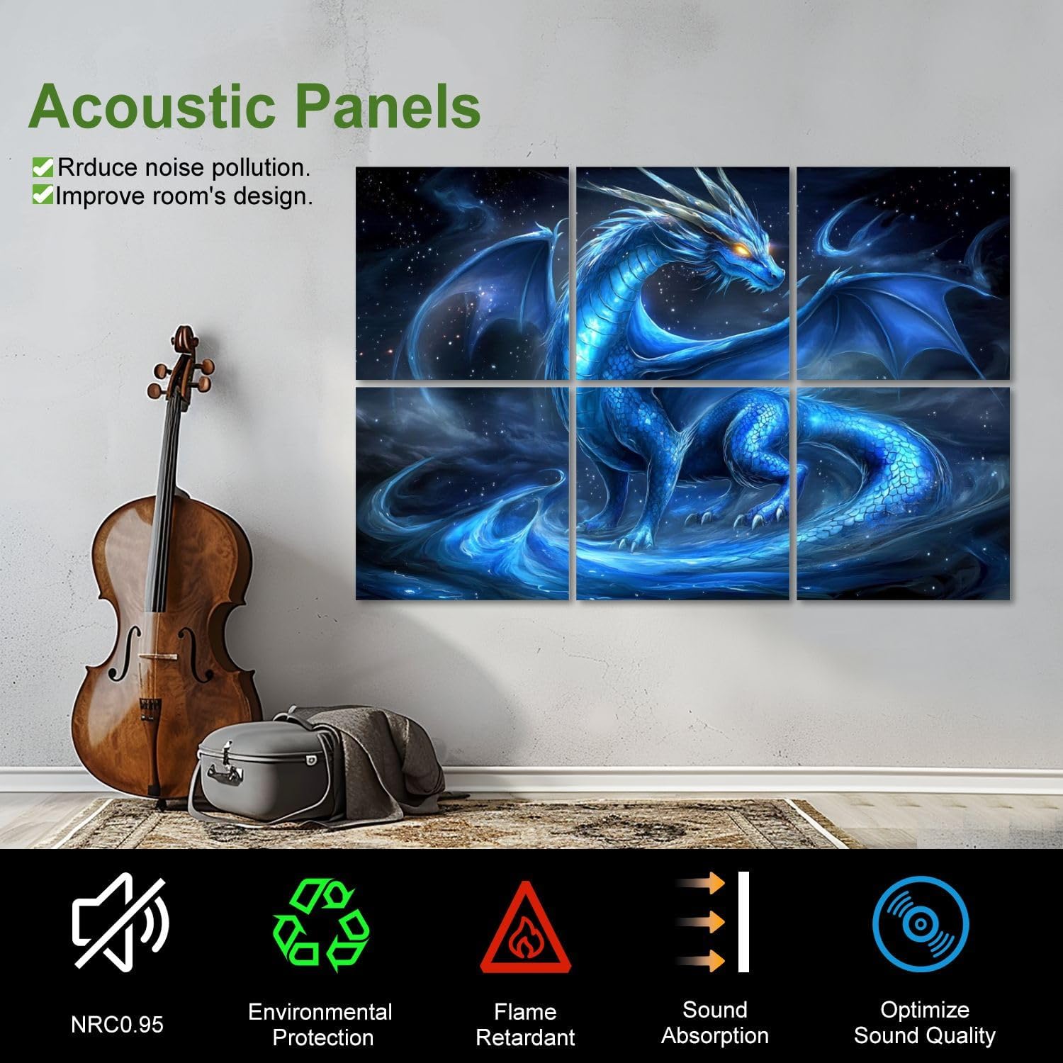 Art Acoustic Panels Self Adhesive Ethereal Dragon Acrylic Pour Art Mystical Blue Marble Patterns 6Packs Decorative Soundproof Wall Panels Large Sound Absorbing Panels for Home Office 48