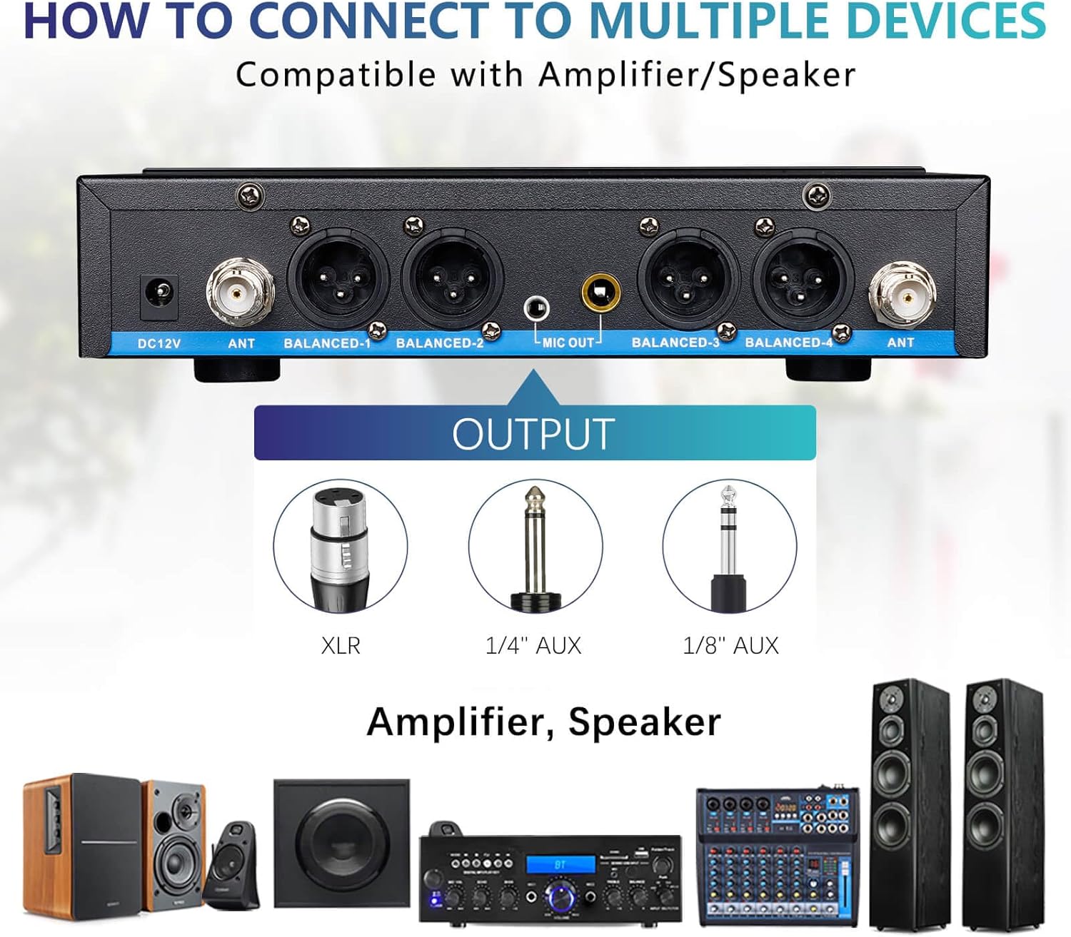 Rechargeable Wireless Microphone System 4 Channel Pro, UHF Handheld Cordless Mics with VOL Echo Treble BASS Control, LCD Display, Frequency Lock, XLR, 1/4, 1/8 Output, D-300, Grey&Red