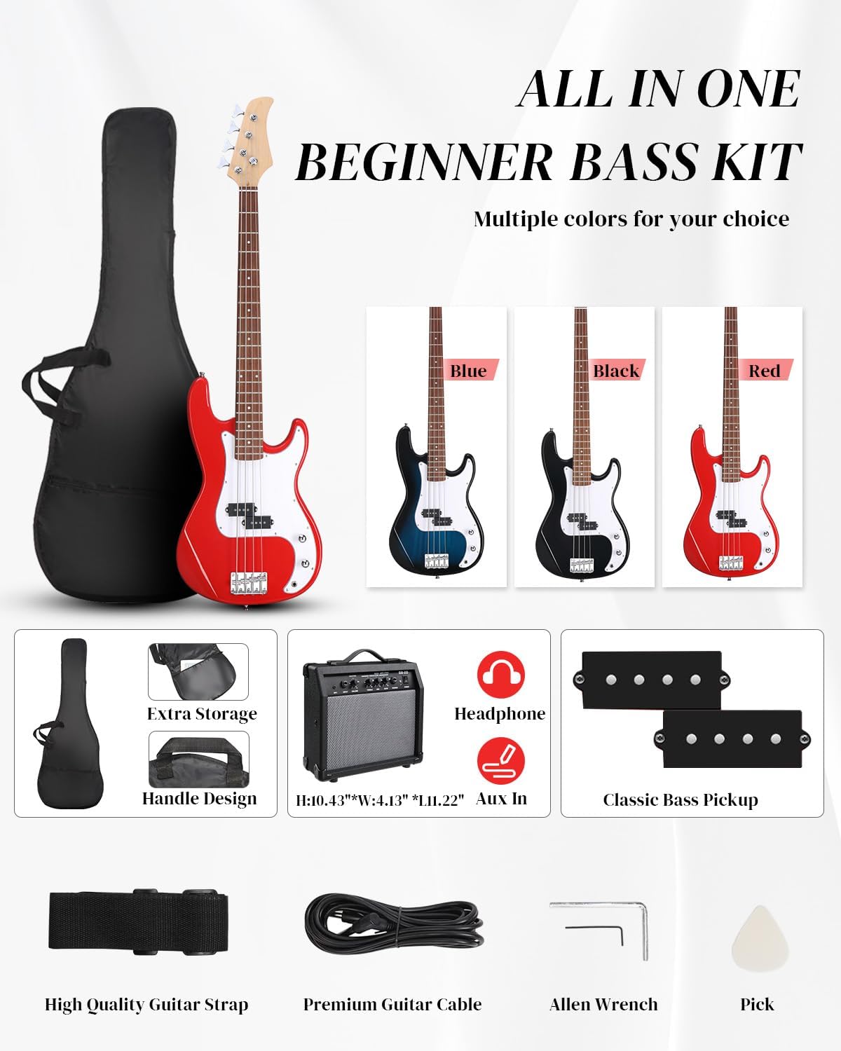 Ktaxon Electric Guitar 4 String Bass Guitar Kit with Paulownia Body, Solid Rosewood Fingerboard & Split Single-coil Pickups Includes 20W Amp, Cable, Strap, Pick and Wrench(Red)