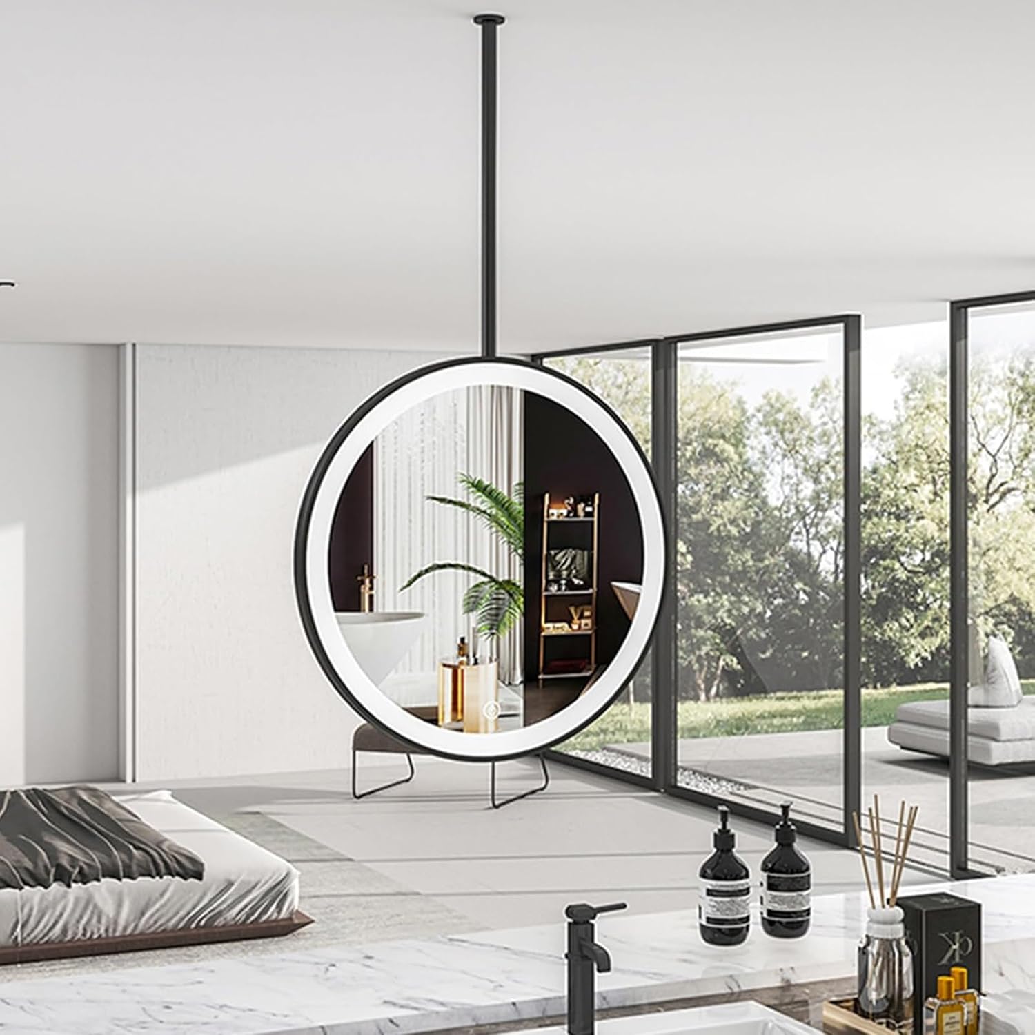 Ceiling Mounted Suspended Mirror For Ceiling Mount Mirrors For Bathrooms Hanging Bathroom Vanities Pivot Corner Mirror Wall Mount Vanity Make-up Decor Circle Metal Pole Gold Black LED Entryway(Gold,40