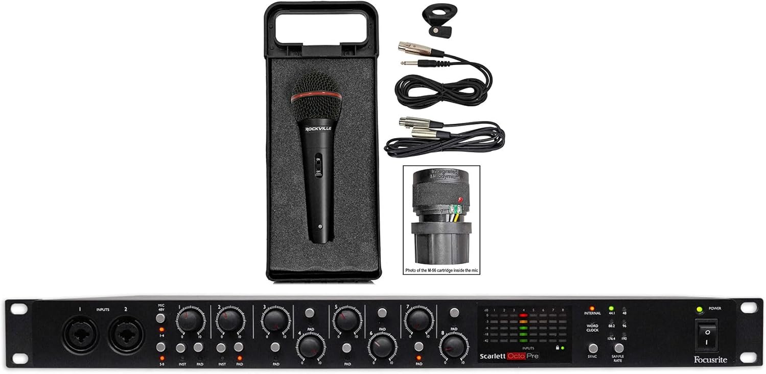 Audiosavings Bundle:(1) Focusrite Scarlett OctoPre 8-Channel Microphone Mic Preamp Bundle with (1) Rockville RMIC-SR Handheld DJ Vocal Recording Wired Microphone+Cables+Mic Case (2 Items)