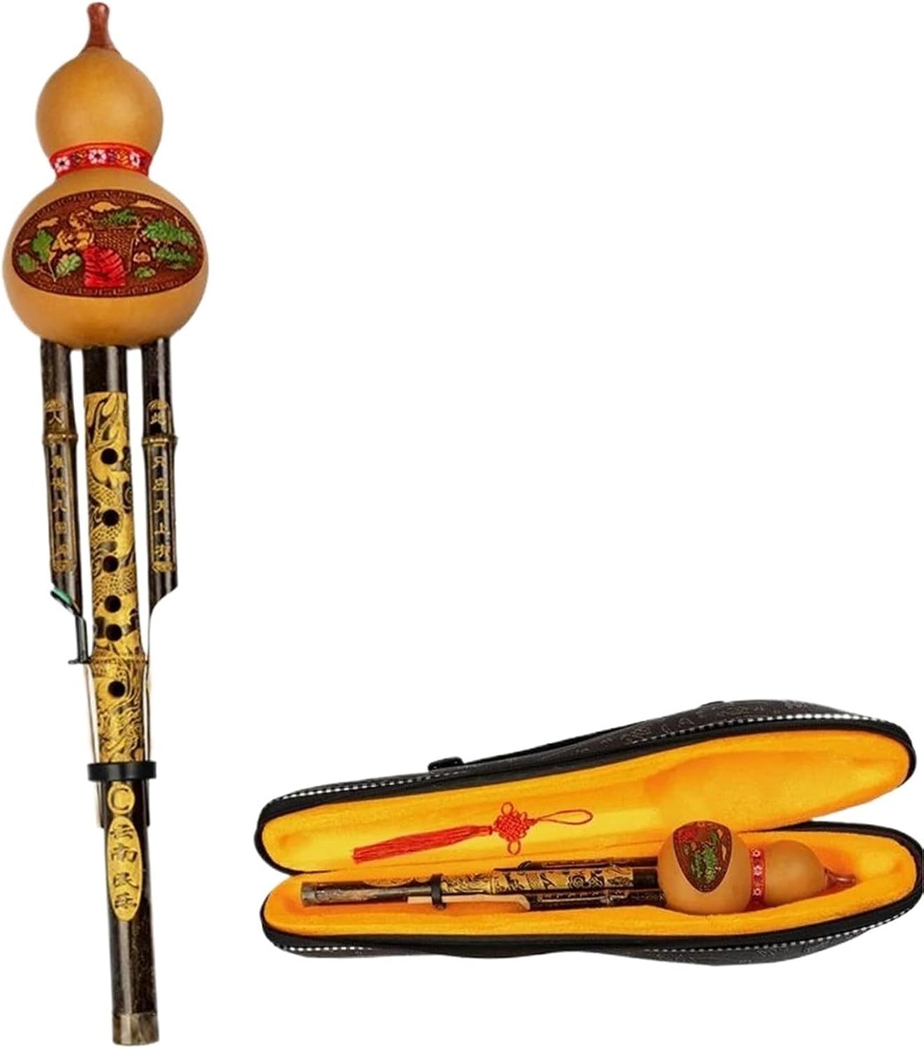 Hulusi Flute Hulusi Flute Mouth Organ C-Major Wind Chamber Reed Instrument Carved Gourd Three Thin Bamboo Pipes Flute