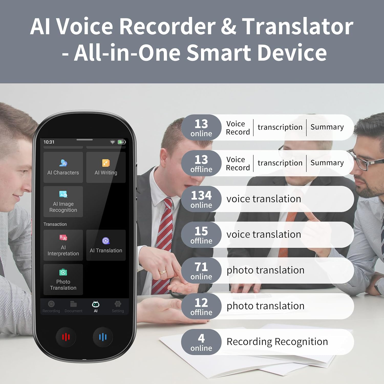 AI Voice Recorder with Playback, 80GB Memory Note Recorder Supports 134 Languages & Real Time Transcription and AI Summary, Audio Digital Device for Meetings, Lectures, Interviews