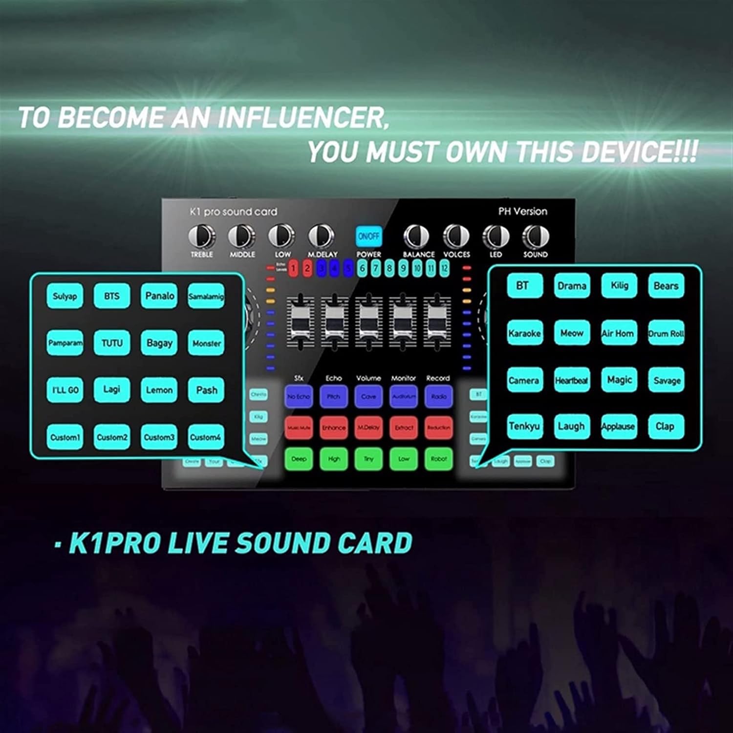 Professional Audio Mixer,K1 Live Sound Card Portable Bluetooth Sound Card Profession Adjustable Volume Audio For Music Recording Karaoke Singing