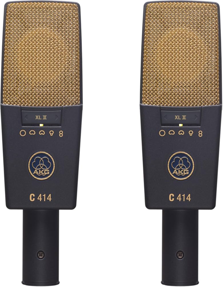 AKG Pro Audio C414 XLII Stereoset Large-Diaphragm, Vocal, Instrument Condenser Microphone, Multipattern, Live Sound or Studio, with Accessories, and Hard Case, Matched Pair. Black and Gold