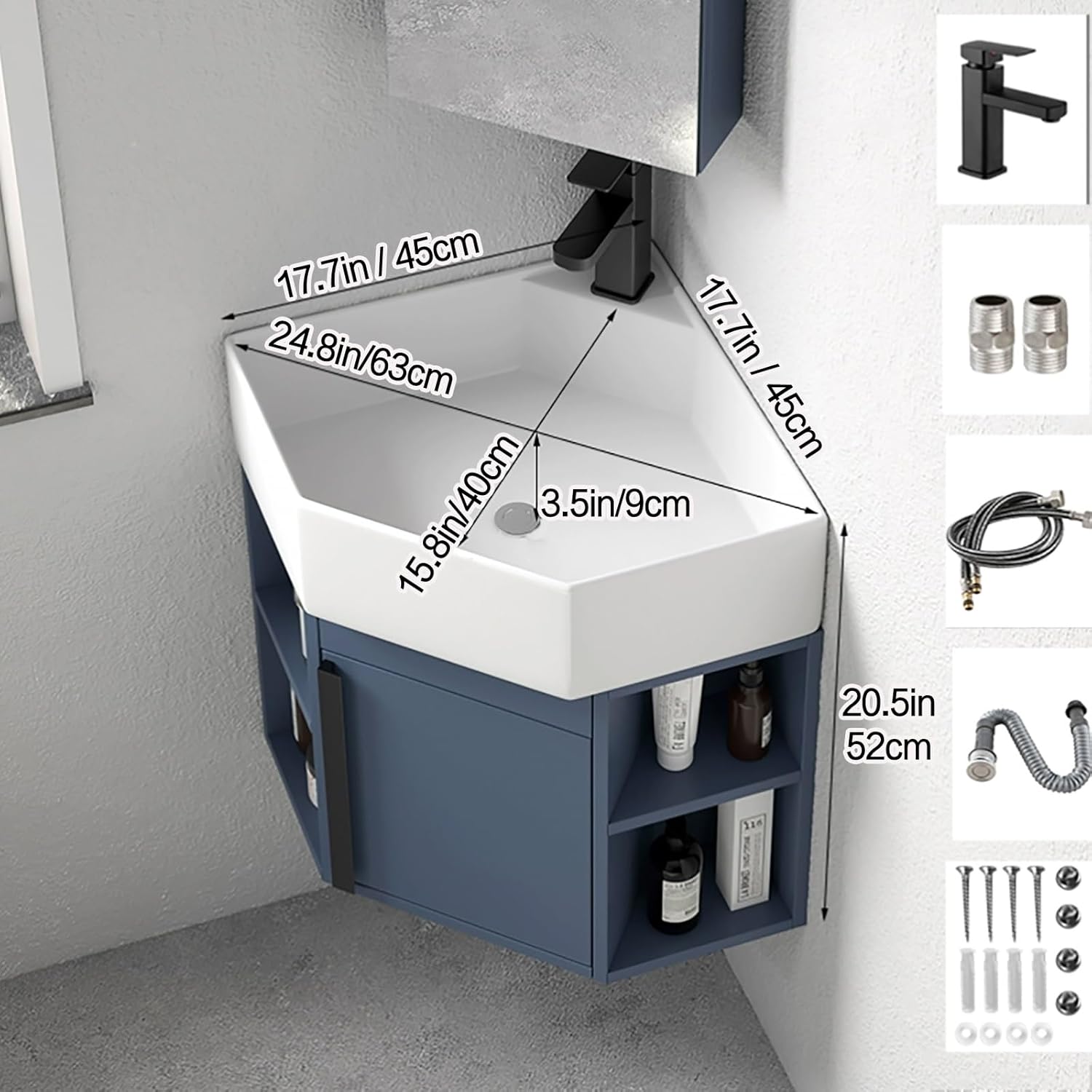 Corner Wall Mount Bathroom Sink Corner Balcony Sink with Storage Container Corner Bathroom Sink Corner Ceramic Sink Corner Bathroom Vanity Corner Bathroom Vanity with Sink(17.7in/45cm)