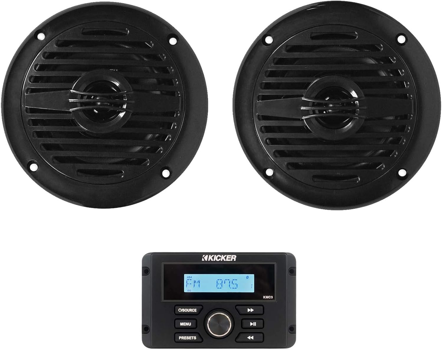 KICKER KMC3 Marine Digital Media Gauge Receiver w/Bluetooth/USB for Boat/ATV/UTV Bundle with Pair Rockville MS40B Black 4