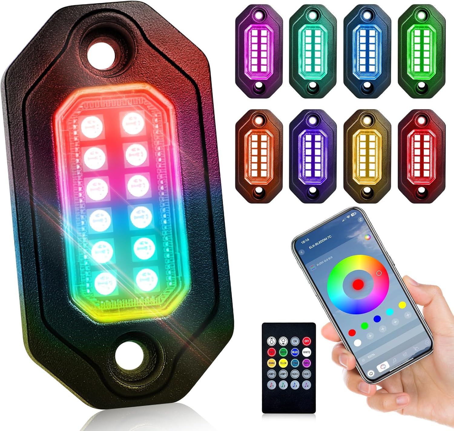 RGB LED Rock Lights Kit, 8 pods Multicolor Neon Light with Bluetooth App/Remote Control Flashing Music Mode, Aluminum Metal, IP68 Waterproof, 12v for Truck ATV UTV SUV