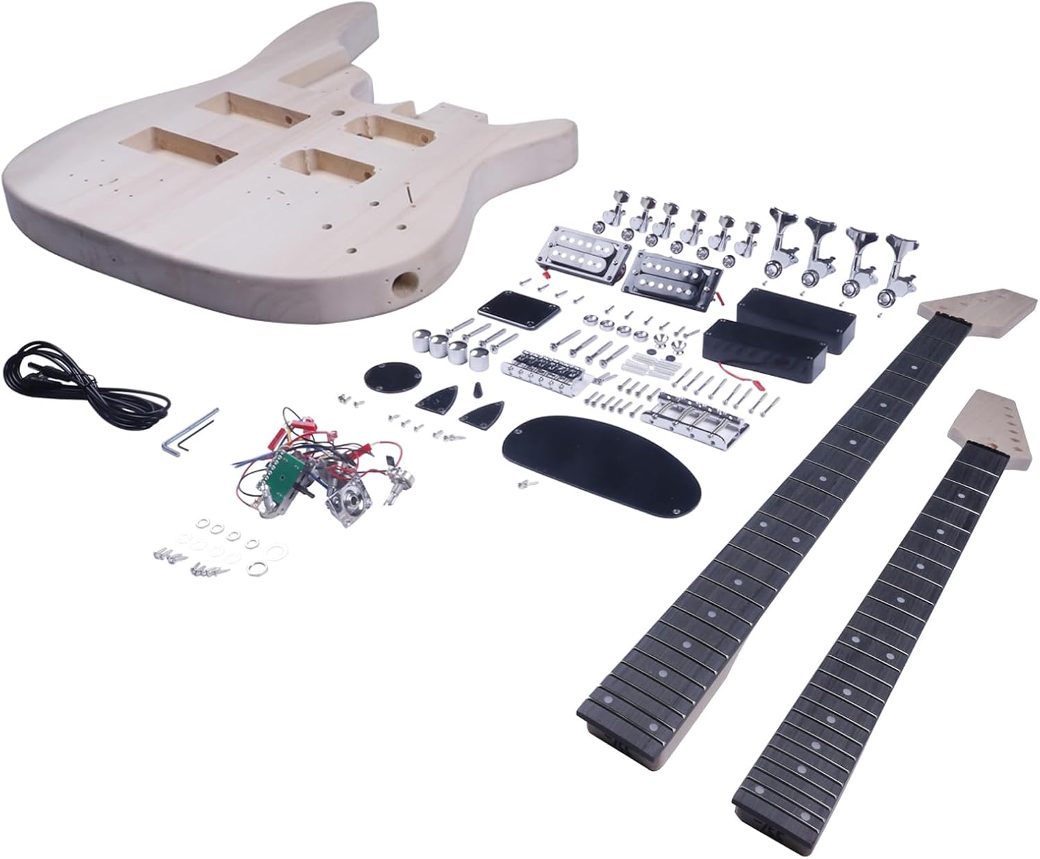 Double Neck DIY Electric Guitar and Bass Kit 6 String and 4 String Guitar Kit with Basswood Body Hard Maple Neck Engineered Fretboard Chrome Hardware Build Your Own Bass and Guitar.