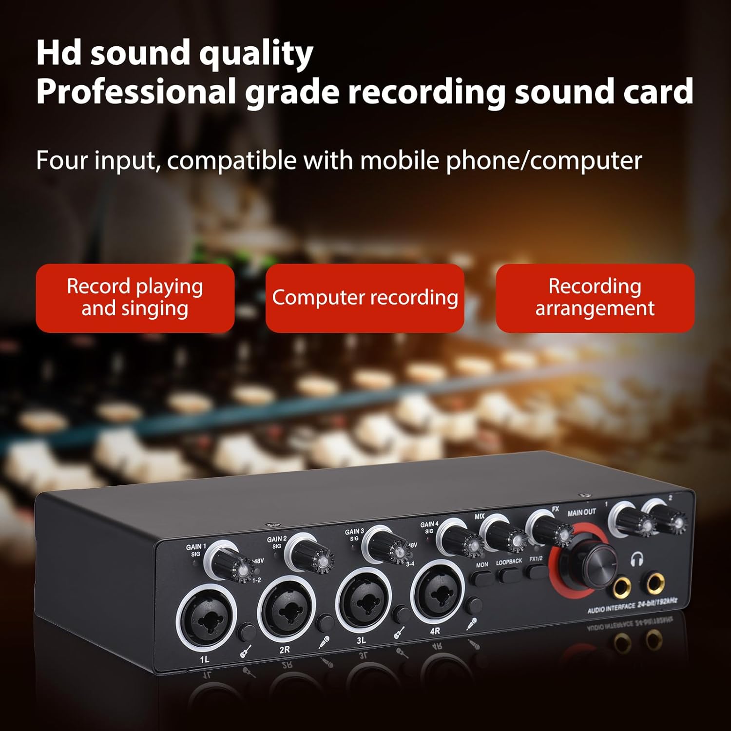 HXBER 4 Channels Recording Sound Card with Driver Free Audio Interface, 4-in 4-out USB Sound Card 24 bit/192khz 48V Phantom Power Supply for Professional Recording of Live Streaming Karaoke, Black