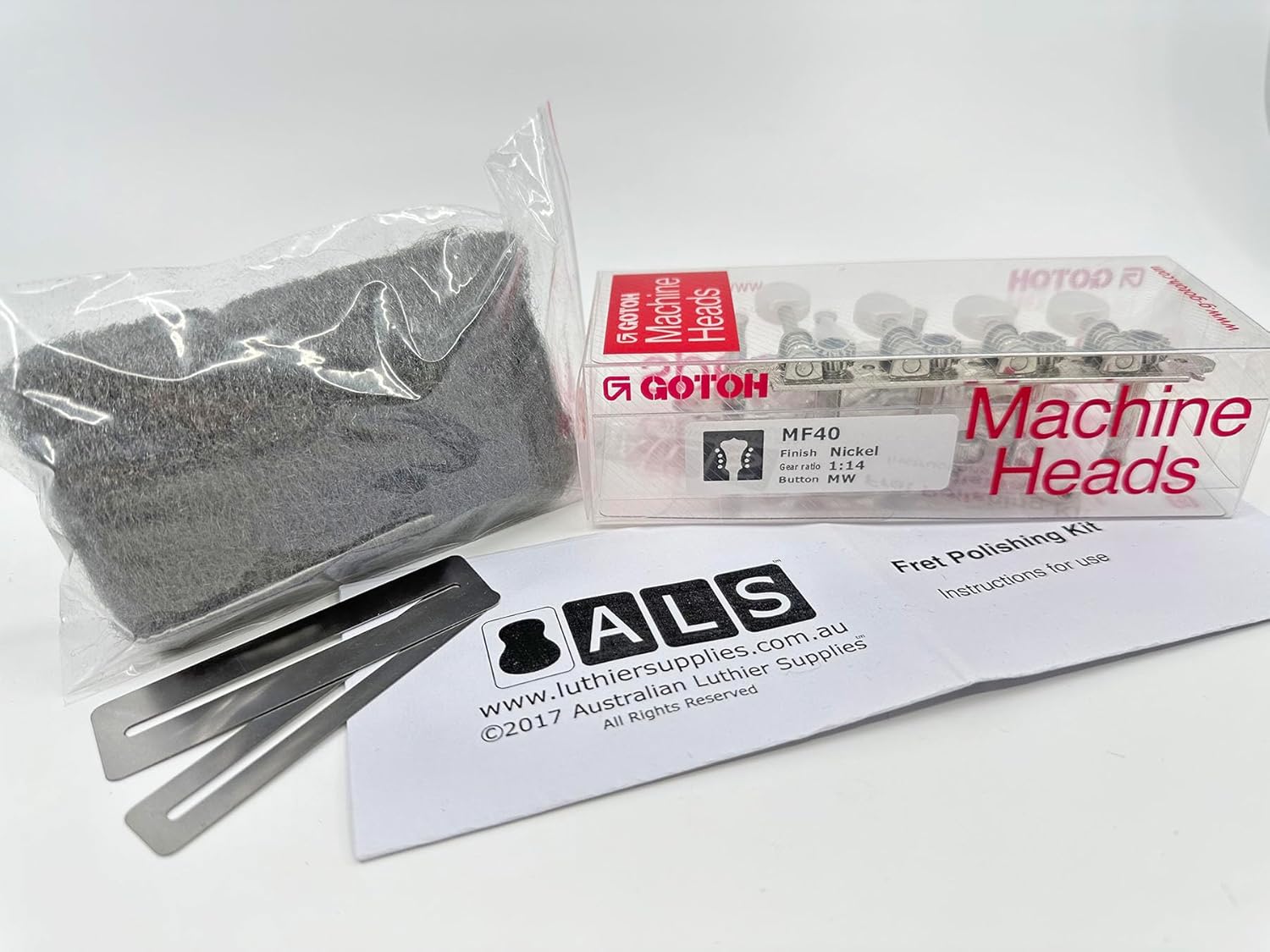 Gotoh F-Style Mandolin Tuners - Nickel with Pearloid Buttons [Bonus ALS Fret Polishing Kit] MF40-MWN Model Tuners by Gotoh Japan - Fret Polishing Kit by ALS