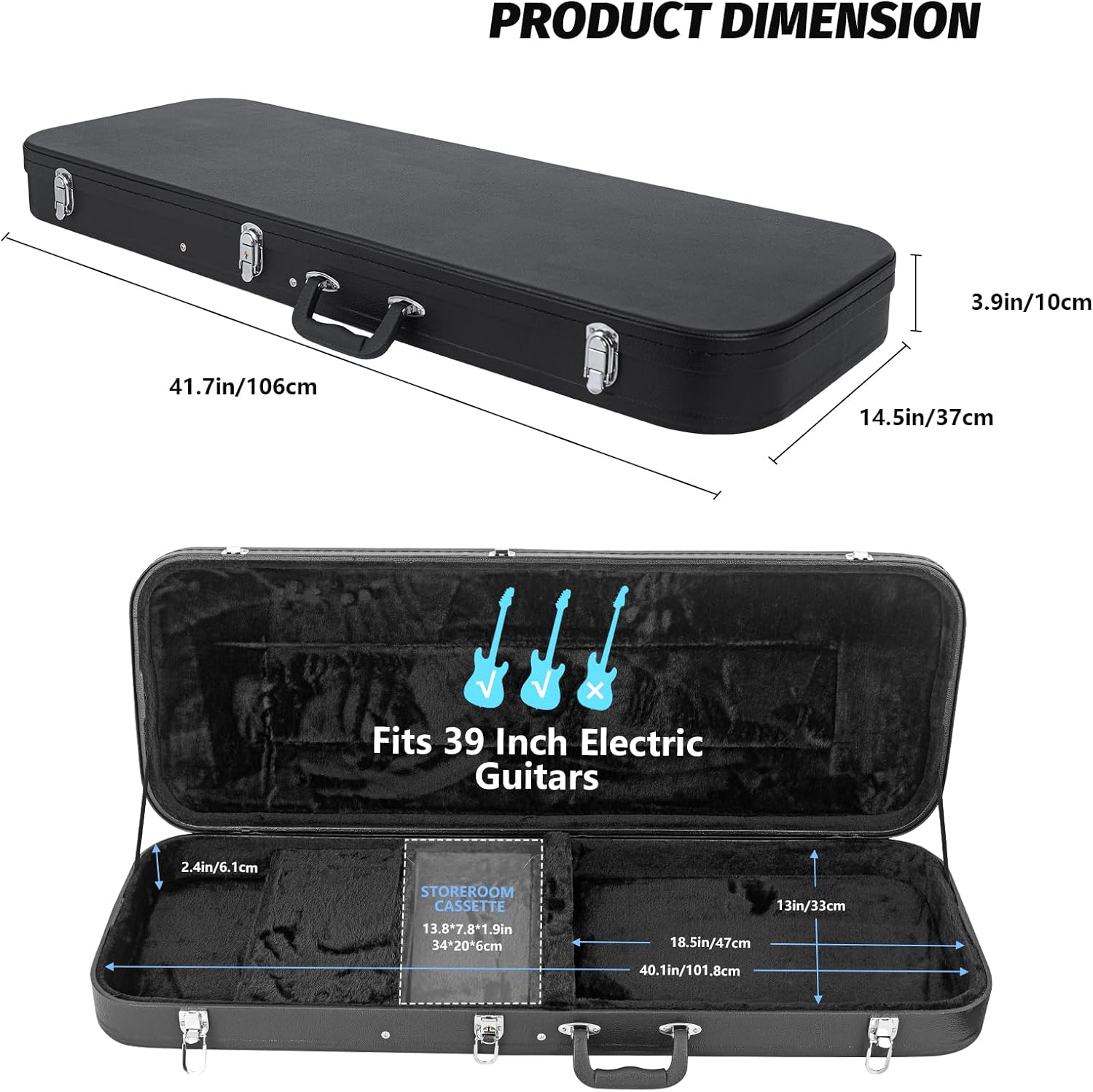 LETSROCK Electric Guitar Hard Shell Case, 39-Inch Standard Electric Guitar Hardshell Carrying Case for KST/KTL/170 Model with Lock Latch Padding (Black)