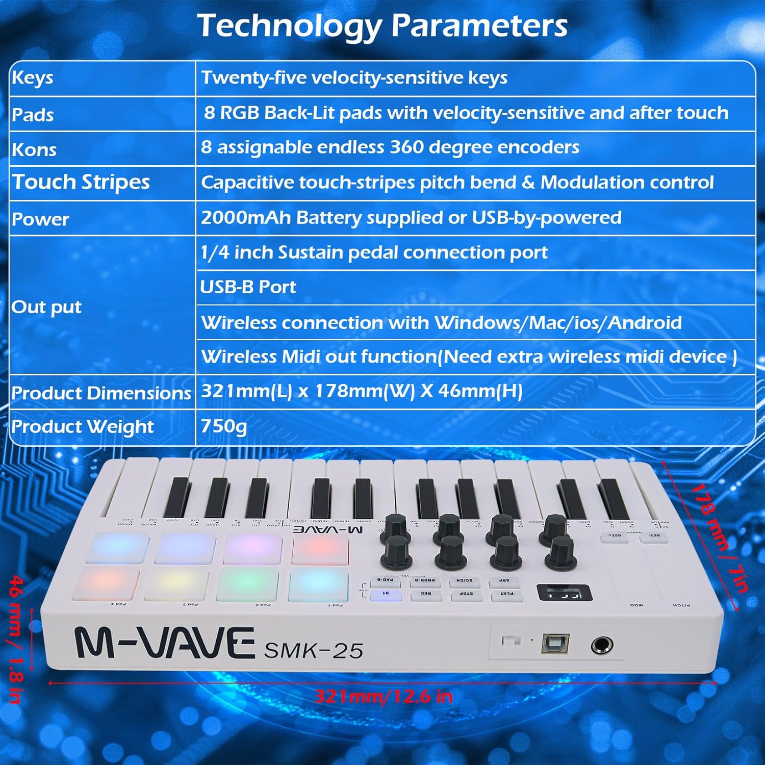 M-VAVE 25 Keys 8 Backlit Drum Pads MIDI Keyboard – Professional Beat Maker and Keytar for Keyboard Music Production Builtin Battery Wireless Connect White