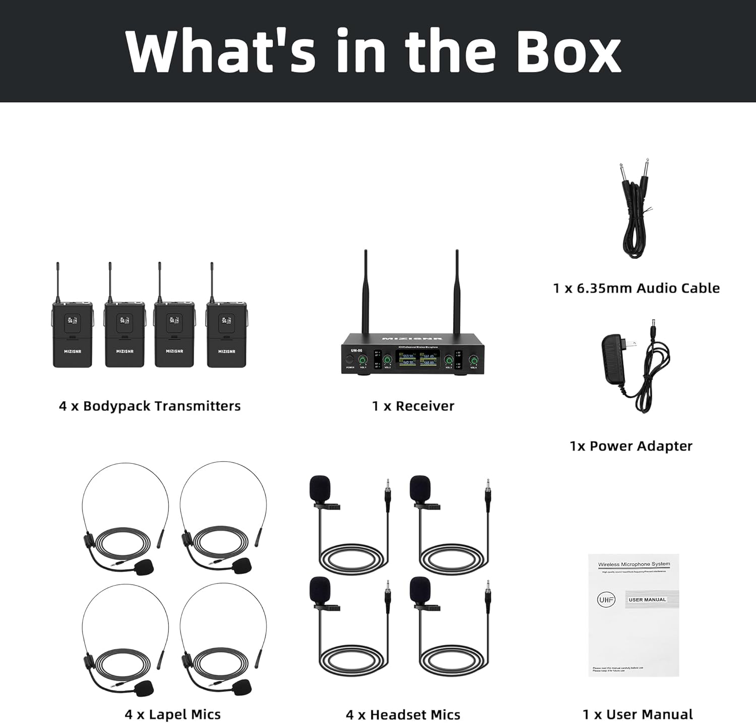 Wireless Lavalier Microphone System with Headset & Lapel Mics, 4 Channel UHF Cordless Microphone and Metal Receiver Set, 300ft Range for Singing, Church, Karaoke, Preaching, Wedding