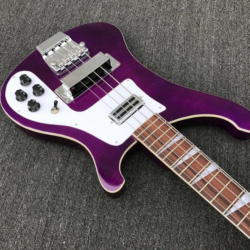 4-String Electric Bass Guitar - Stunning Purple Gloss Finish with Flame Maple Top, 22-Fret Rosewood Fretboard
