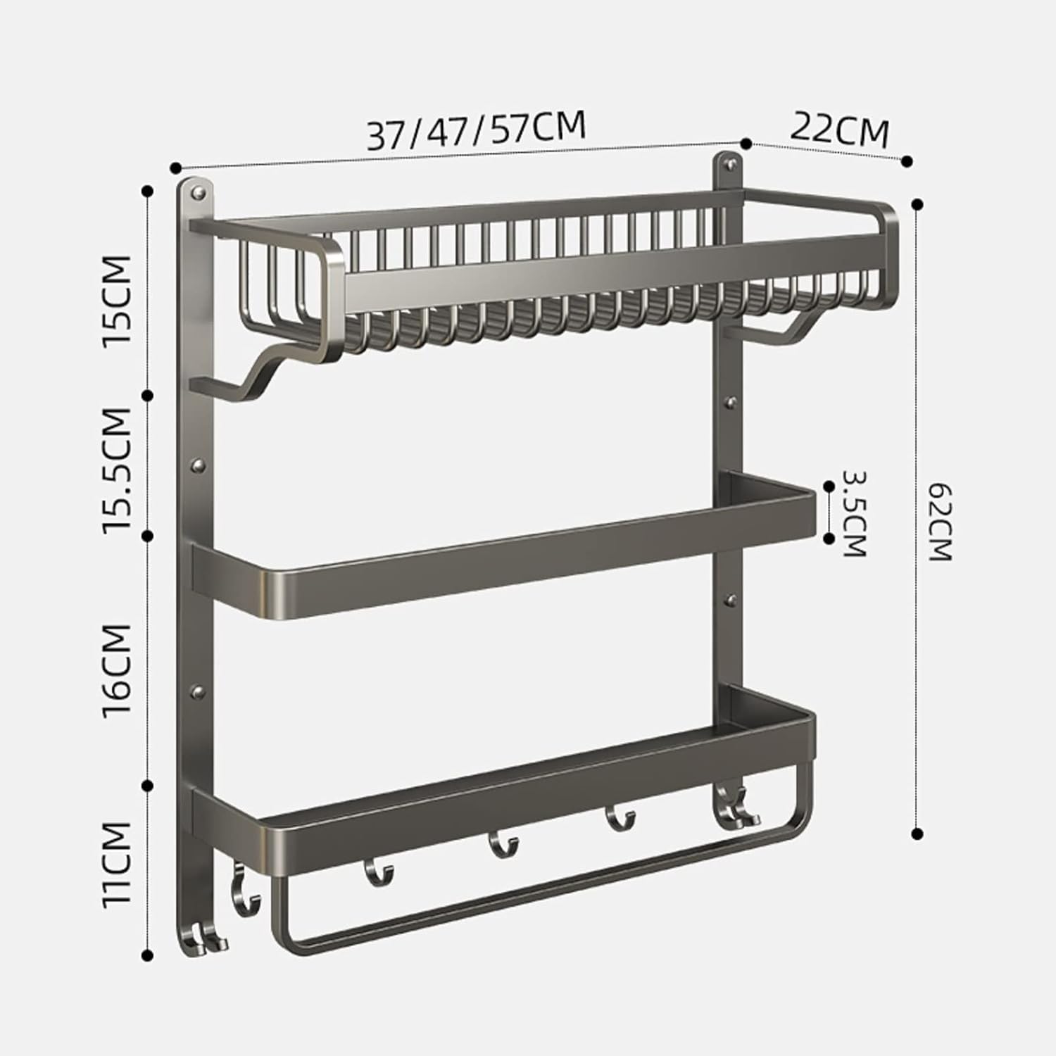 Bathroom Shelf 3 Tier Bathroom Wall Shelf with Towel Bar and Hooks, Multifunction Towel Rack Shower Shelve Bathroom Shelf, Space Saving Wall Mount Towel Shelf, Grey Bathroom Wall Shelves ( Size : L37c