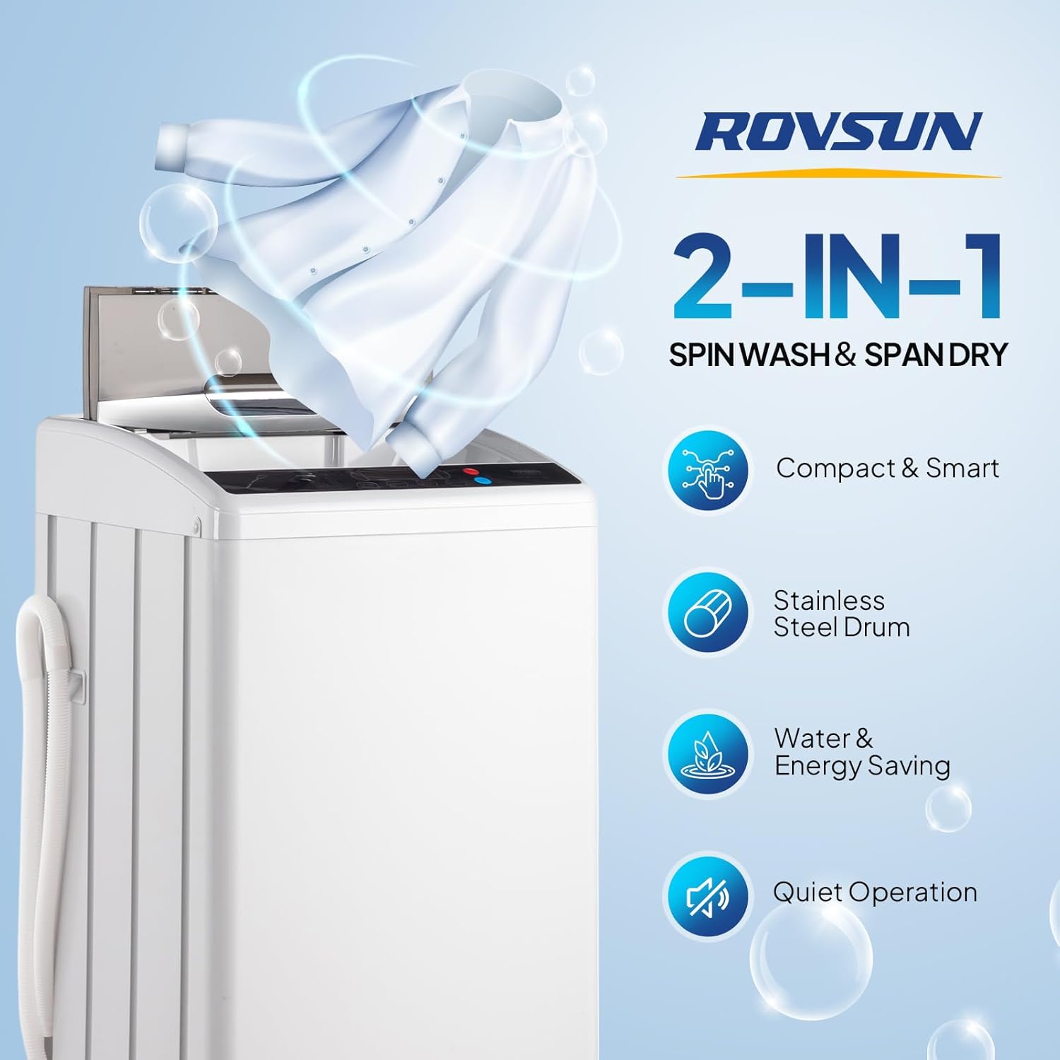 ROVSUN 25LBS Portable Washing Machine, Full-Automatic Electric Laundry Machine with Stainless Steel Drum, Compact Washer and Spin Dryer Combo with Drain Pump for Home, Apartment
