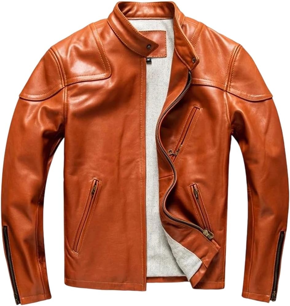 Men Genuine Natural Horsehide Stand Collar Slim Fit Leather Orange Spring Leather Jacket Coat