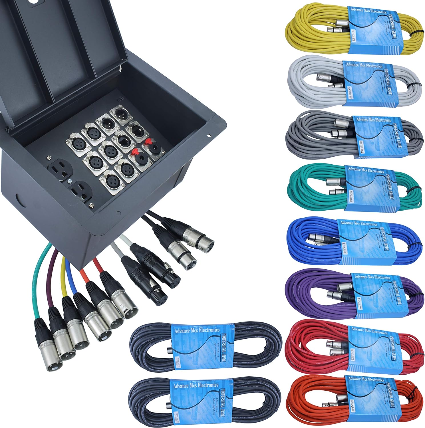 FBL12+AC Recessed Floor Box With 6 XLR Female, 2 XLR Male, 2 Ethernet, 2 TRS + Duplex AC (Pre-wired: 50' Wires)