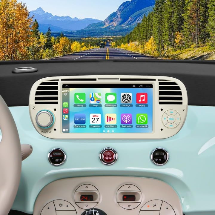 Android 13 Car Stereo for Fiat 500 2007-2015 with Wireless Carplay & Andriod Auto, 7 inch IPS HD Touch Screen Fiat Radio with Bluetooth 5.2/WiFi/GPS Navigation/SWC/Backup Camera/FM
