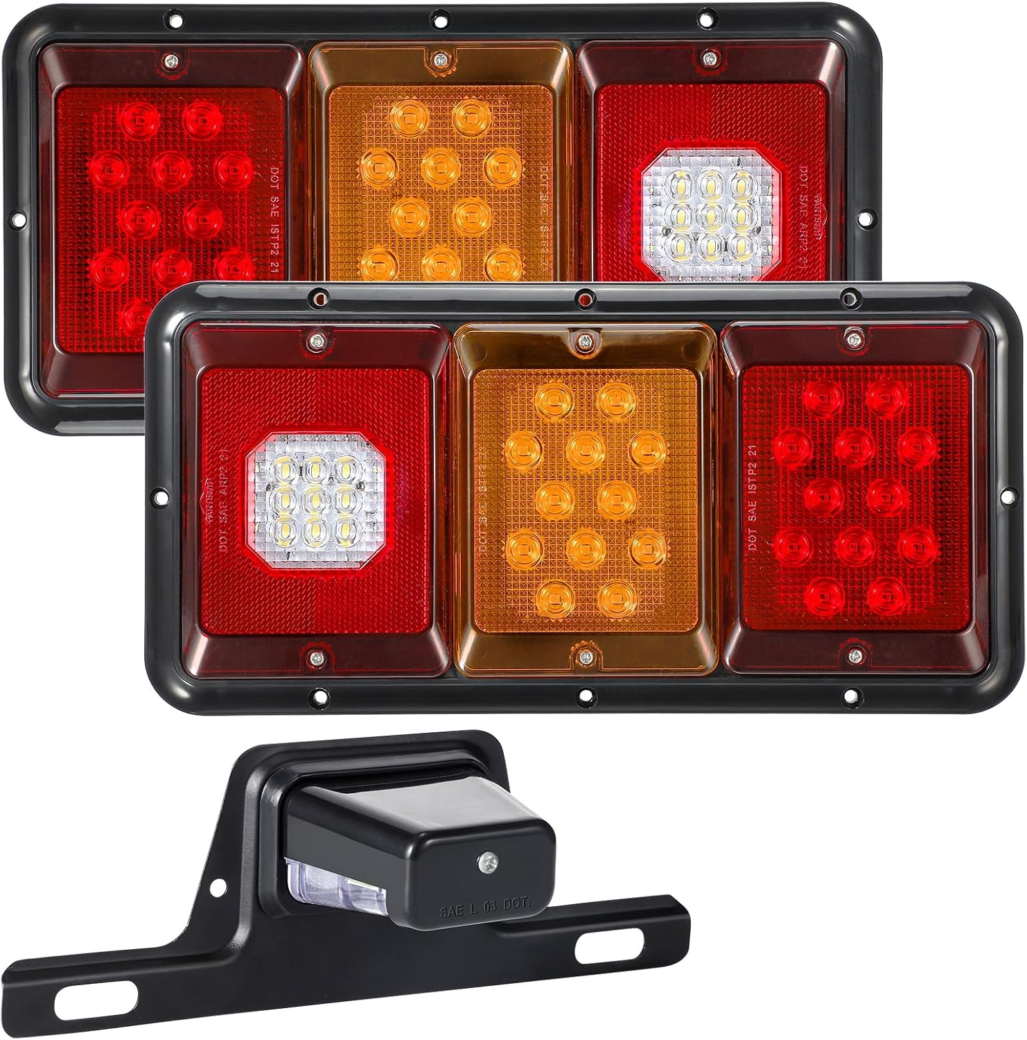 Partsam 2x LED Triple Tail Lights 45 LEDs Rectangle Surface Mount Stop Turn Tail Reverse Lights, 2x LED License Plate Light with Holder Drainage Hole Steel Bracket ABS Housing PC Lens DOT Compliant