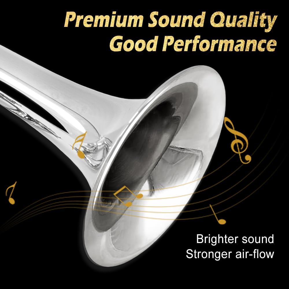 Bb Trumpet for Beginners - Student B-Flat Trumpet Set with 7C Mouthpiece, Hard Case, Gloves, Cleaning Cloth - Perfect Starter Brass Instrument (Silver)
