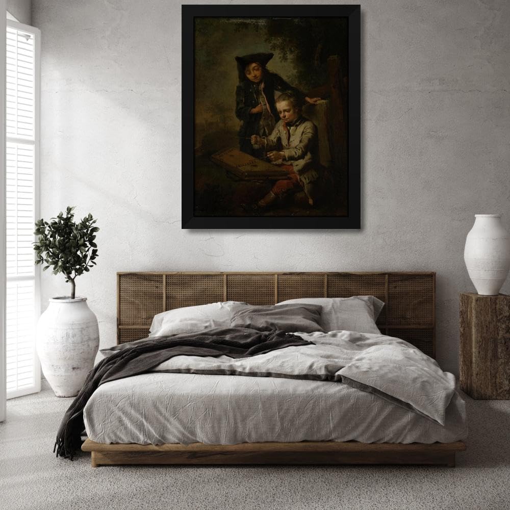 Johann Conrad Seekatz 28x35 Extra Large Black Modern Framed Art Print Titled: Two Boys, One of Them Playing the Dulcimer (Ca 1758)