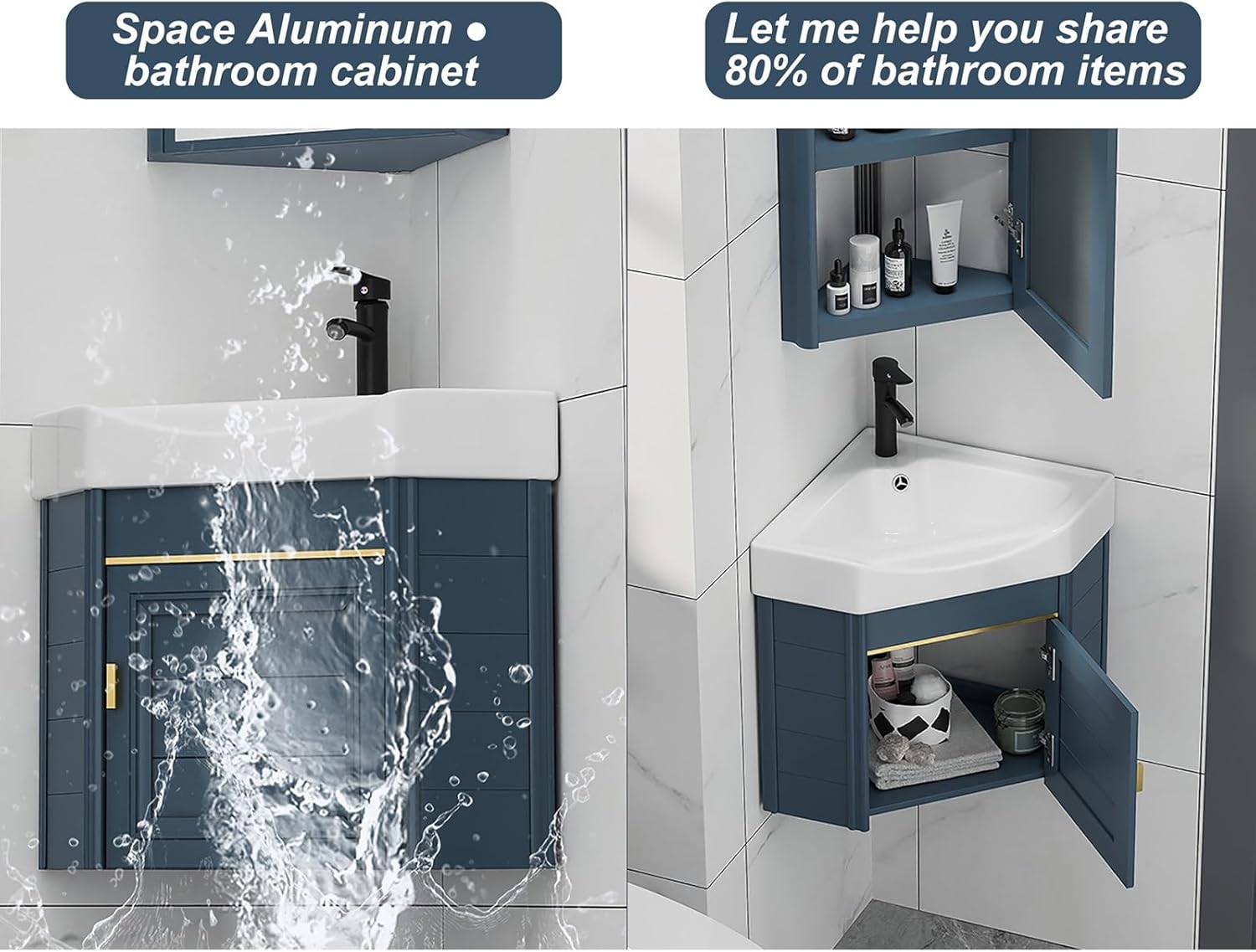 Ceramic Wall Mount Sink Corner Mounted Bathroom Cabinet Set with Drainer Unit and Cold Hot Water Pipe Faucet for Small Space Laundry Room,38x38x42cm