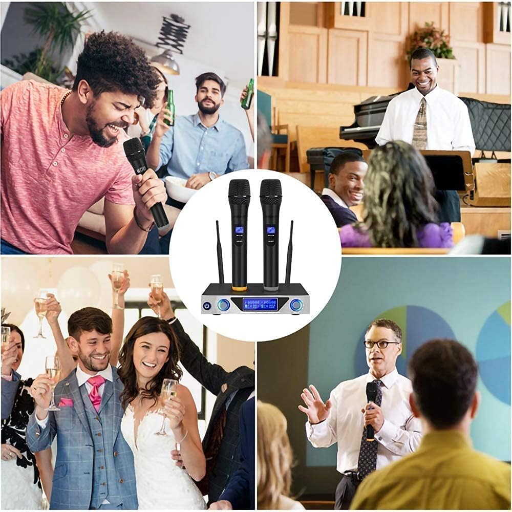 Wireless Microphone, Handheld Professional Microphone with 2 Wireless Microphones, Media Player Support