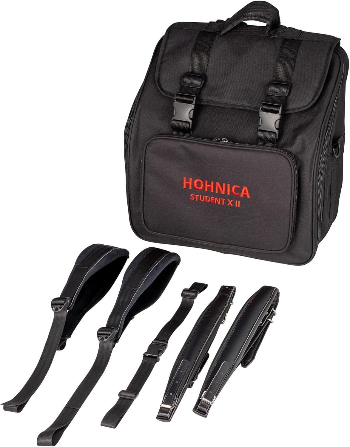 Hohner Hohnica Student XII 44-Key 18 Bass Piano Accordion - Black Bundle with Gig Bag, Adjustable Stand, and Austin Bazaar Polishing Cloth