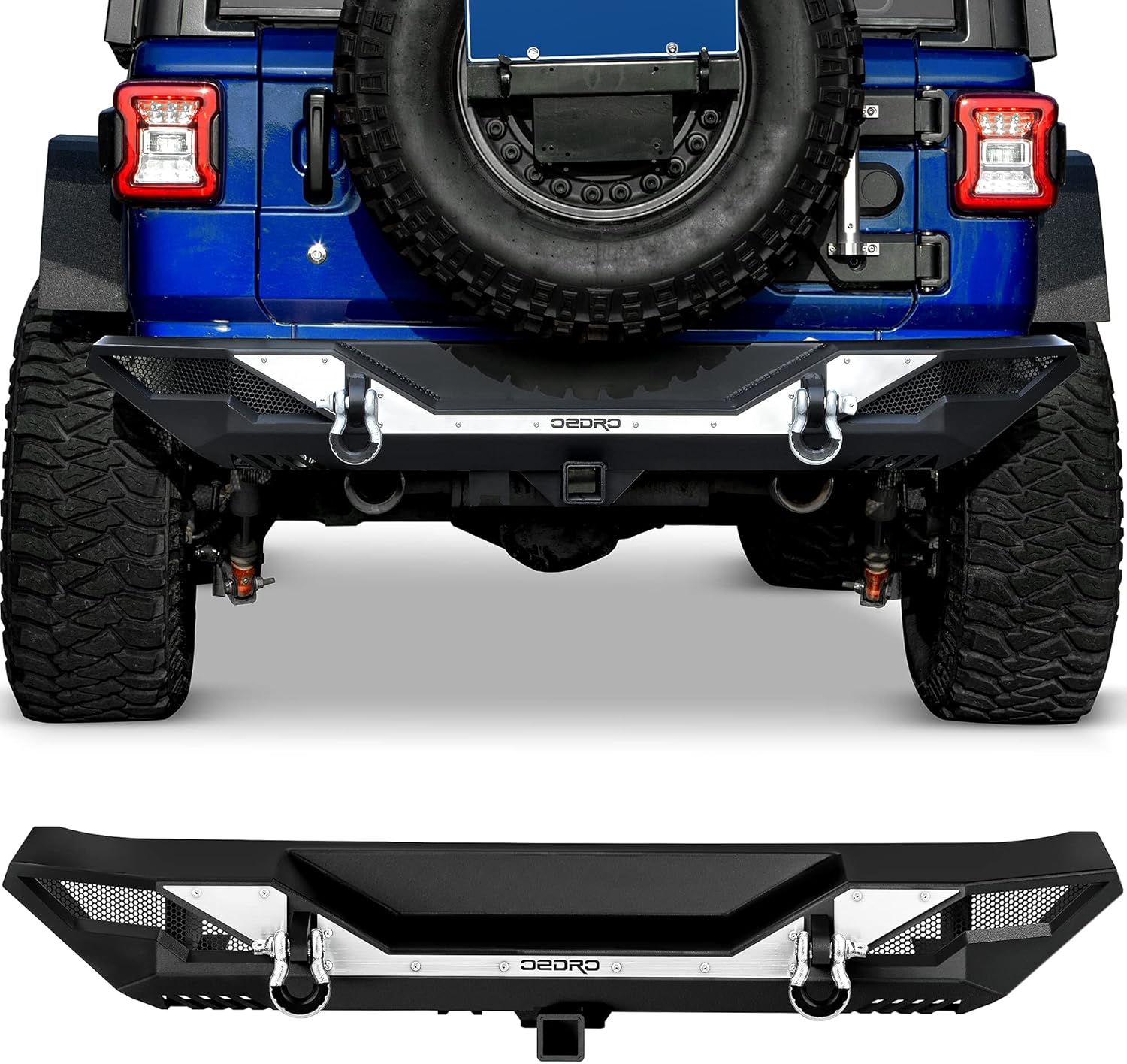 OEDRO Rear Bumper Compatible with 2018-2025 Jeep Wrangler JL & Unlimited JLU (2/4 Doors), Built-in Paintable Armor & D-Rings & Detachable/Separated Hitch Receiver & Reflective Armor