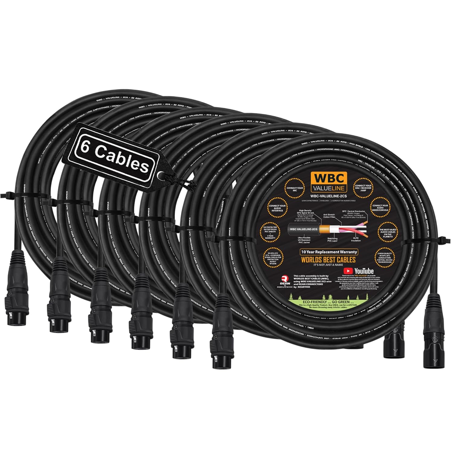 WBC-VALUELINE-2CS (22 AWG) - 6 Units - 60 Foot–Low-Capacitance Shielded Balanced Flexible Microphone, Active-Speaker & Interconnect Cables with Neutrik-Rean IP65 Rated Gold XLR Connectors