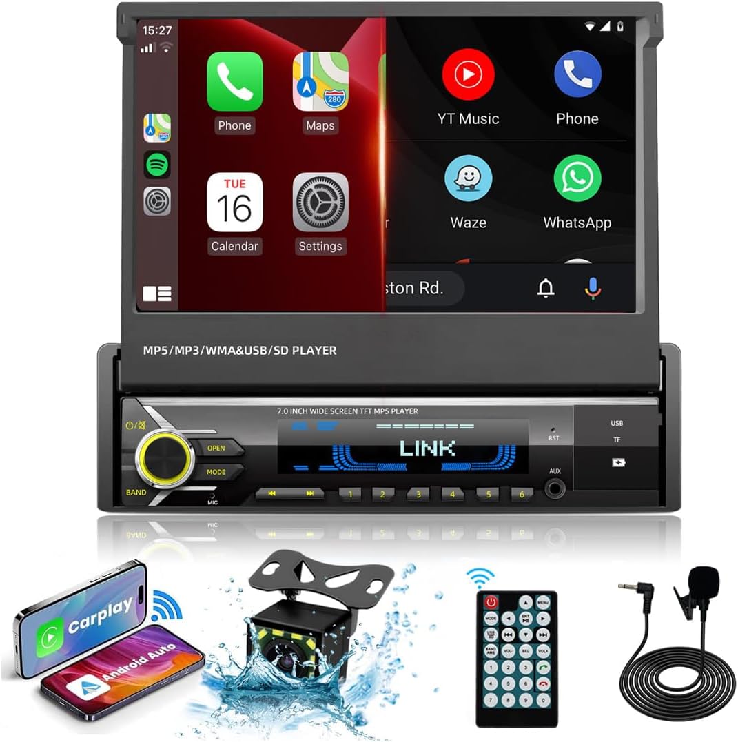 [Upgrade] Single Din Car Stereo Player Compatible with Apple Carplay & Android Auto – 7 Inch Flip Out Touchscreen Car Radio with Bluetooth| Mirror Link| Backup Camera/USB/AUX Input/AM/FM/Subwoofer/DSP