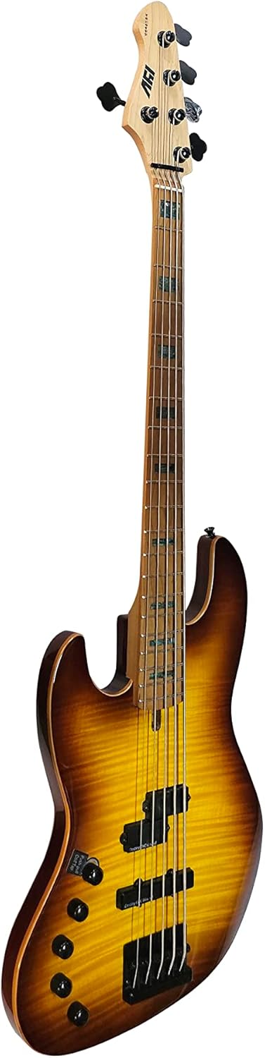 IYV-IPJB-500A LH, 5 String Solid Body with Flame Maple Electric Jazz Bass, Honey Burst, Left hand