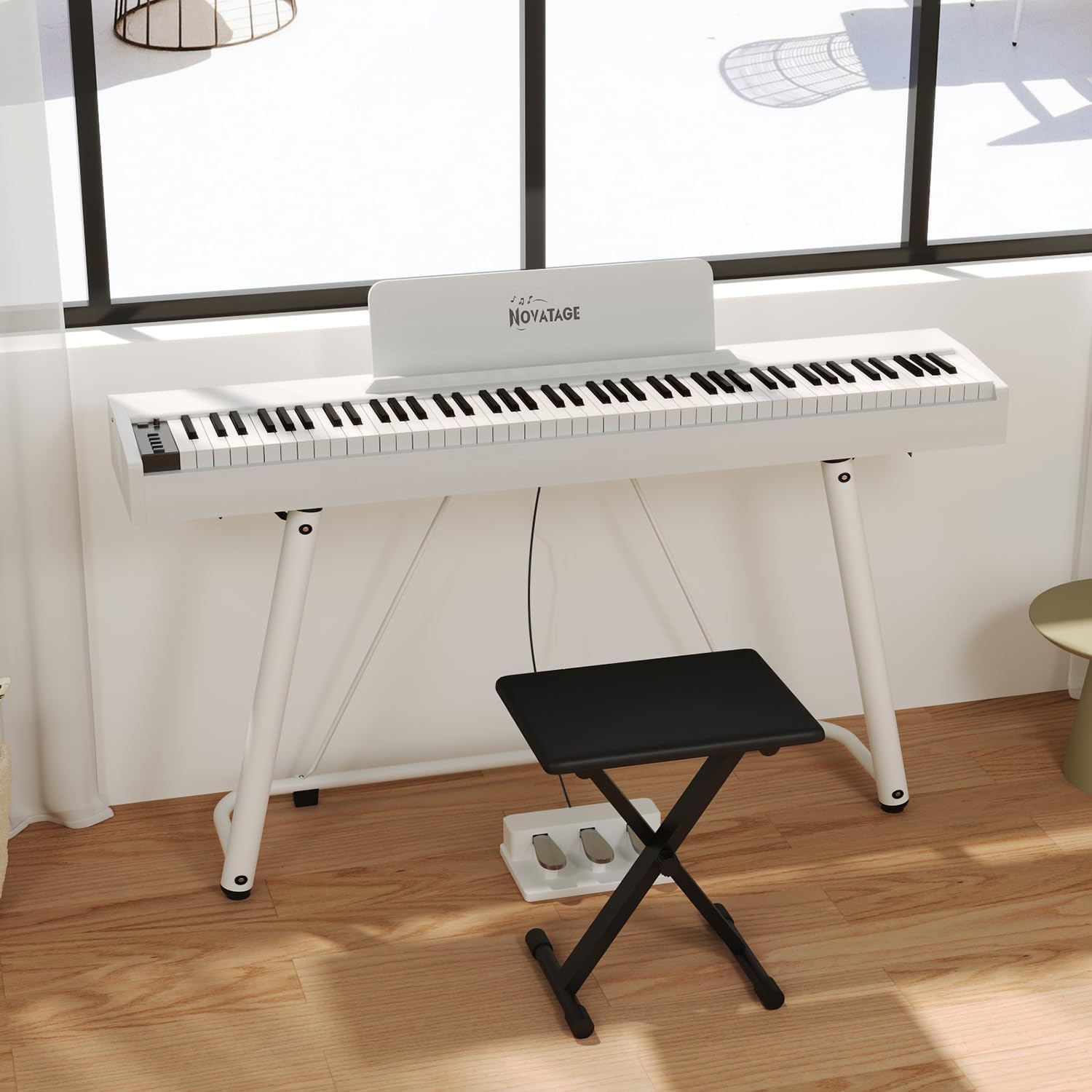 88 Key Full-Weighted Digital Piano, Full Size Electric Piano for Beginners, with U-Stand, 3 Pedal Unit, Adjustable Stool, Headphone, MIDI Functionality (White)