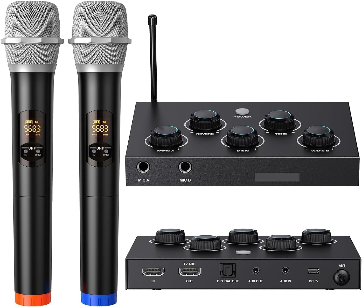 Wireless Microphone System, Dual UHF Portable Karaoke Microphone, HDMI & AUX in/Out, Optical Out, Stable Signal, 100ft Range – Wireless Mic for Singing, Karaoke, Church, Smart TV, PC, PA Speaker