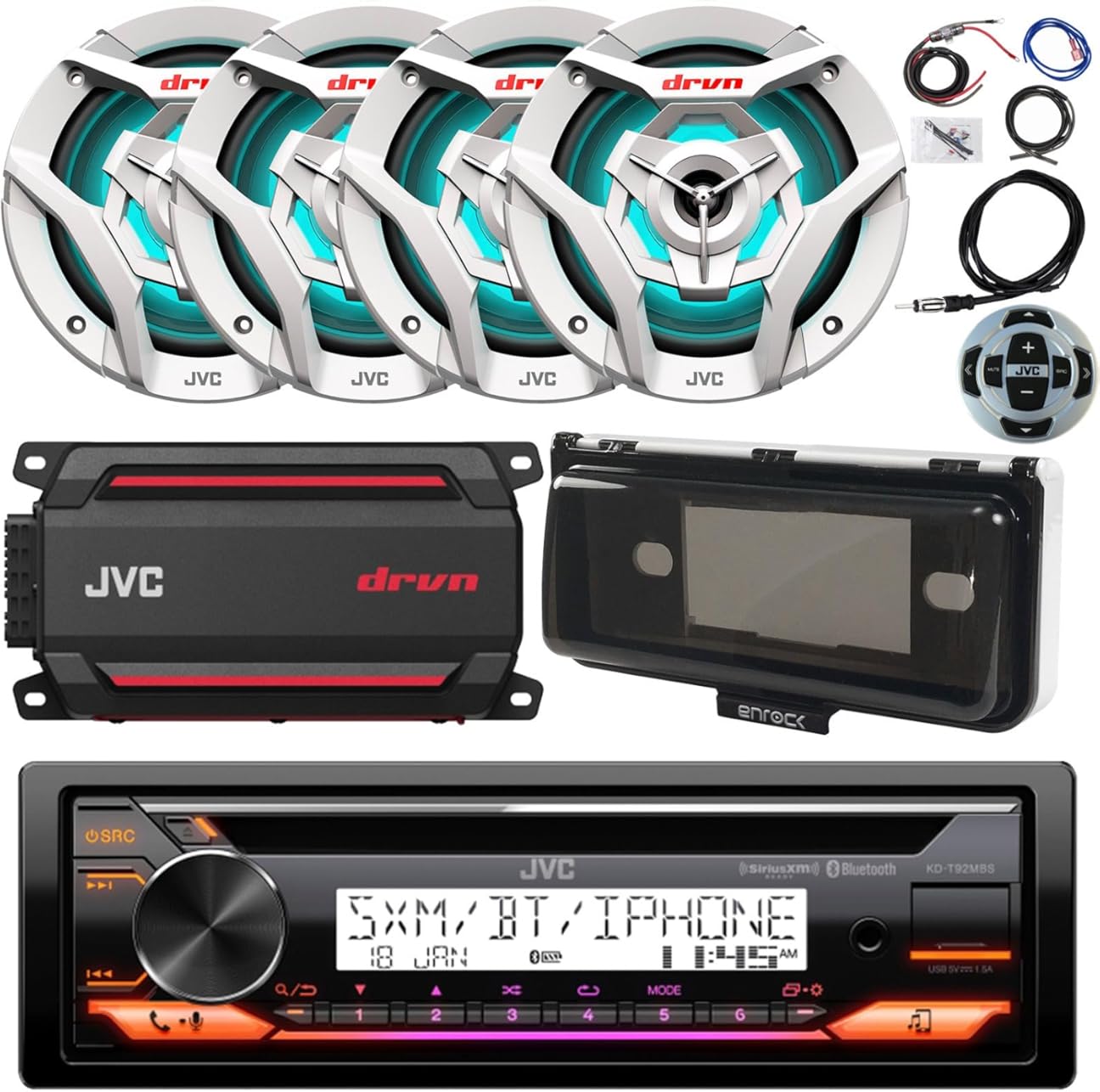 Single DIN Marine Bluetooth USB AUX AM/FM CD Player Receiver Bundle with 4X 6.5 260W 2-Way White Boat Speakers with Multicolor LEDs, 4-Channel Amp w/Install Kit, Wired Remote, Radio Shield, Antenna