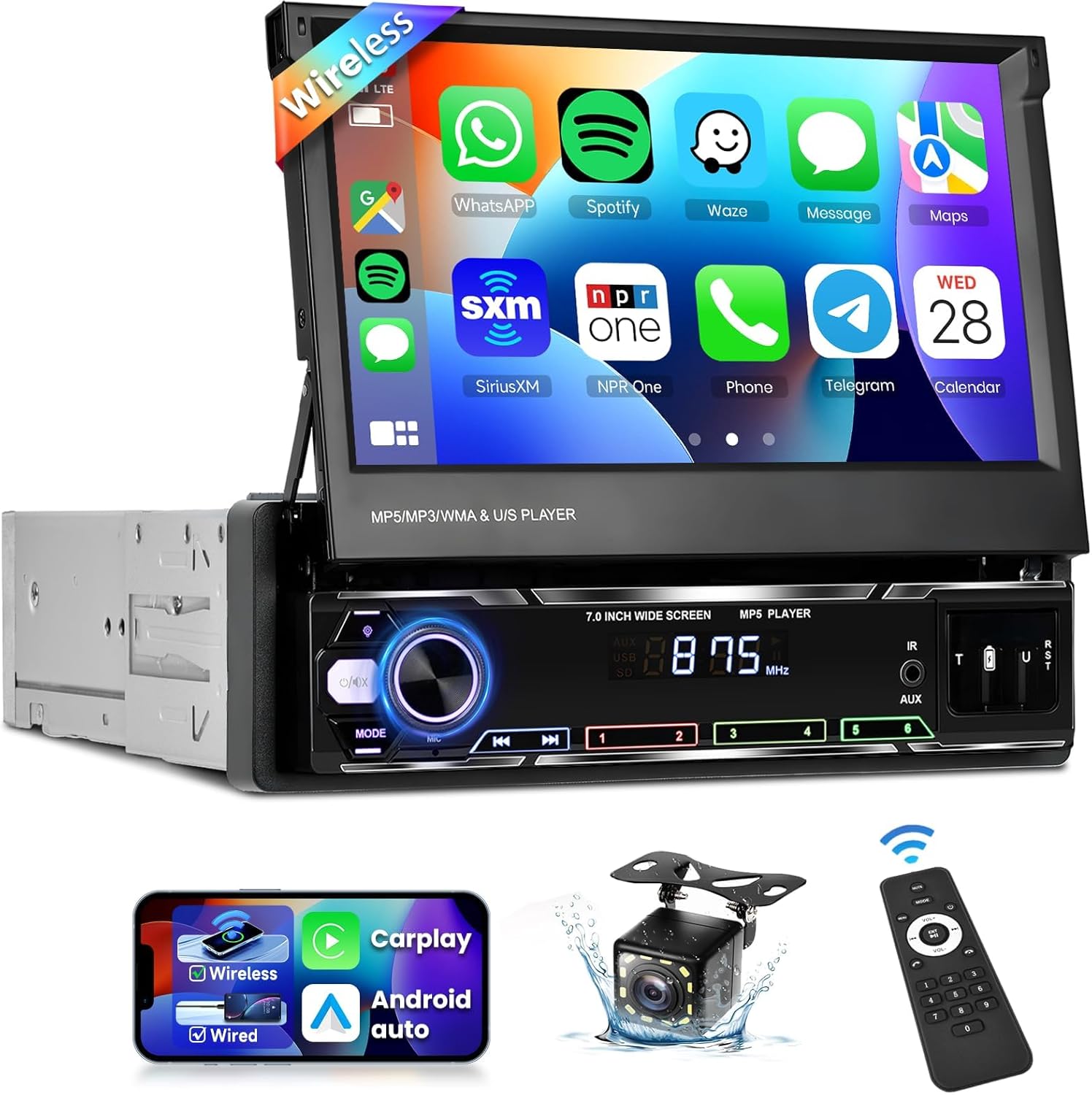 Podofo Upgrade Wireless CarPlay Single Din Radio 7 Inch Flip Out Touchscreen Car Stereo with Wireless Android Auto Bluetooth Mirror Link AM/FM USB Car Play Car Audio Receiver HD Backup Camera