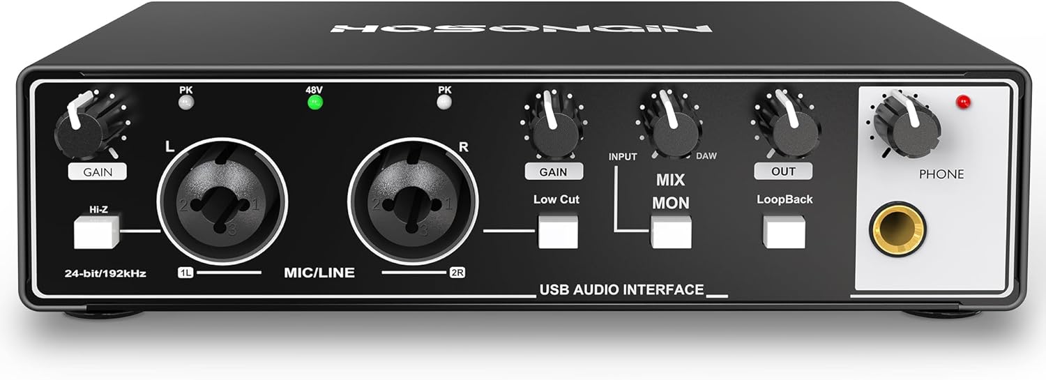 HOSONGIN USB Audio Interface for Beginners - 24Bit/192kHz, 48V Phantom Power, Plug & Play Recording for Podcast/Vocals/Guitar/Youtube, PC/Mac/iOS Compatible (Black Metal)