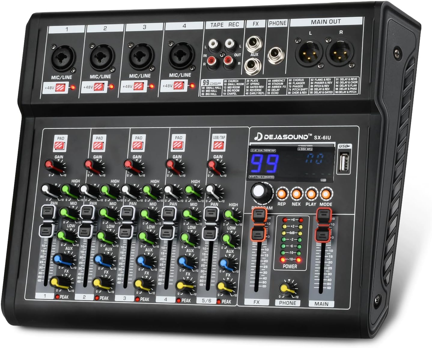 6-Channel Audio Mixer for PC, SX-6iu Mixing Console with XLR Inputs, Bluetooth, 99 Digital Signal Processor Effects, USB Interface, MP3 Compatible for Podcast, Music, Recording 9.84