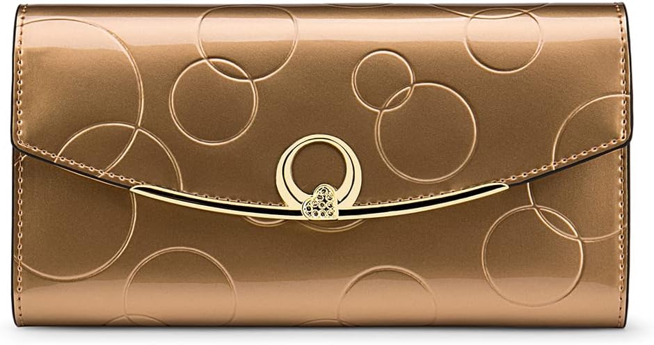 RFID Blocking Genuine Leather Wallet for Women Large Capacity 3-Fold Magnetic Closure Embossed Pattern Anti-Theft (Gold)