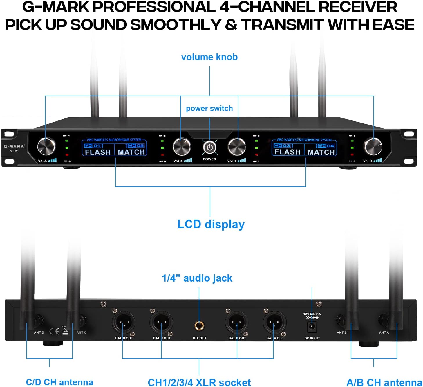 G-MARK Wireless Microphone System, 4 Channel Wireless Microphones with Rechargeable Handheld Mics, 250FT Range, UHF Metal Cordless Dynamic Microphone Sets for Singing, Karaoke, Church(Auto Connect)