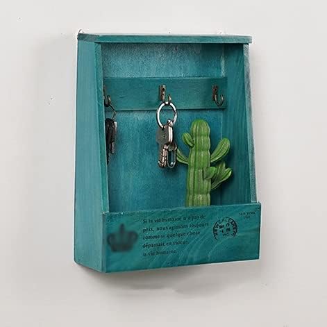 Retro Wooden Key Cabinet Wall Mounted Shelf Storage Box Creative Household Sorting Debris Decoration(Blue)