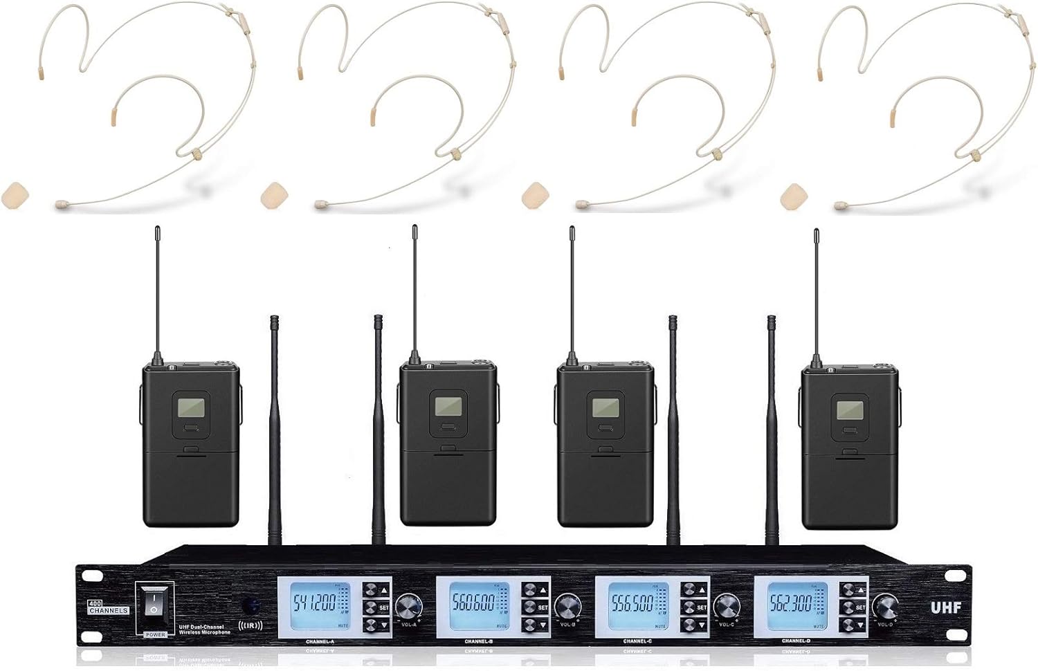 4200S 4 Channel UHF Wireless Microphone System Quad UHF Cordless Mic Set 4 Headset Mics Selectable Frequency