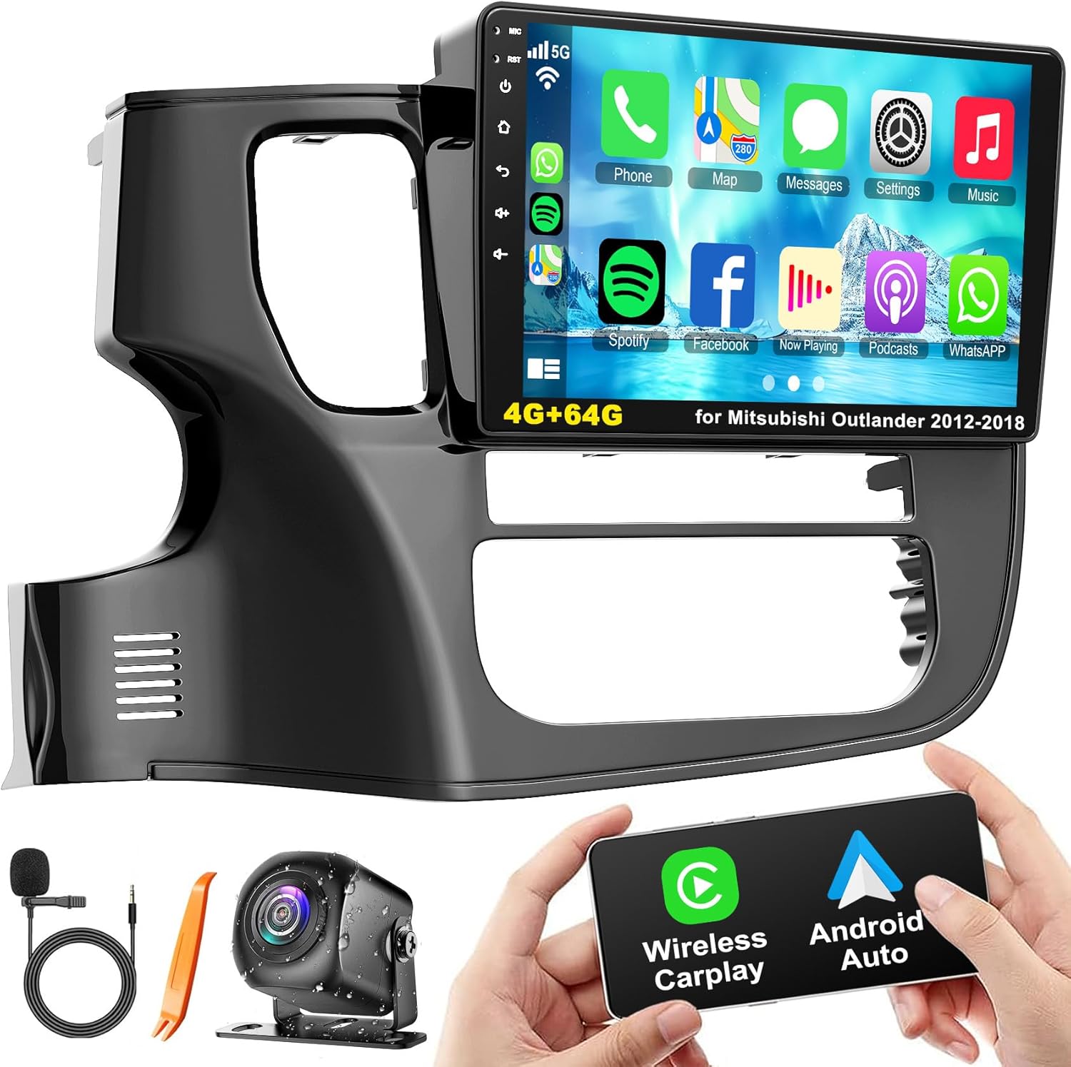 Car Radio for Mitsubishi Outlander 2012-2018 with Wireless Carpaly & Android Auto, 4+64GB10 Inch IPS HD Touch Screen Outlander Stereo with Bluetooth 5.2 Voice Control/FM/GPS/WiFi/SWC