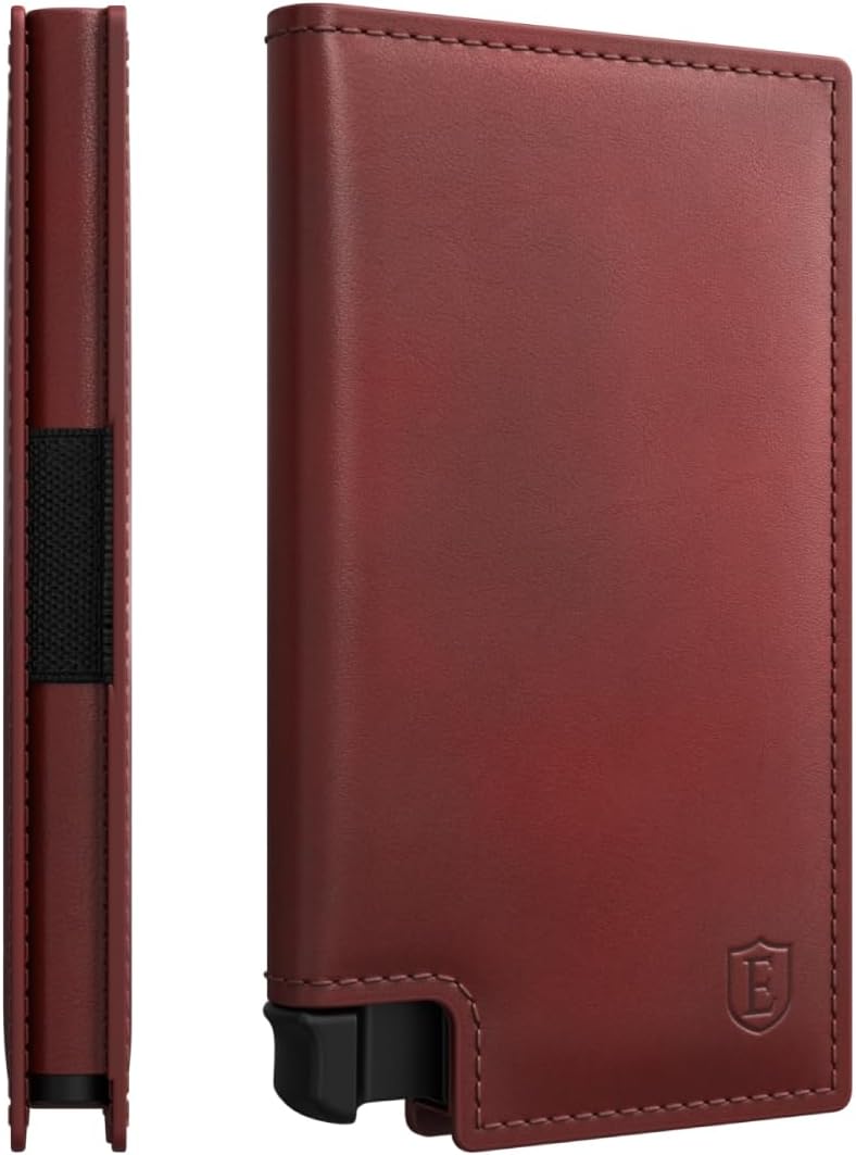 Ekster - Parliament Pop Up Wallet for Men - RFID Blocking Metal Card Holder Wallet with Push Button and Card Ejection - Minimalist Leather Tactical Daily Carry Parliament - Easy Access, Merlot Red