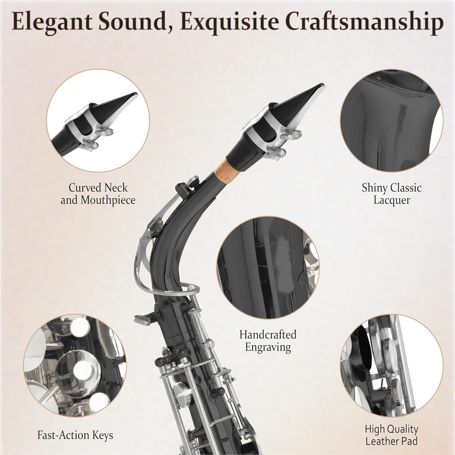 Mendini By Cecilio Alto Saxophone for Beginners with Tuner, Mouthpiece, Case, 10 Reeds, Grease, Cleaning Cloth & Rod, Gloves, Strap, Book (Black Silver)