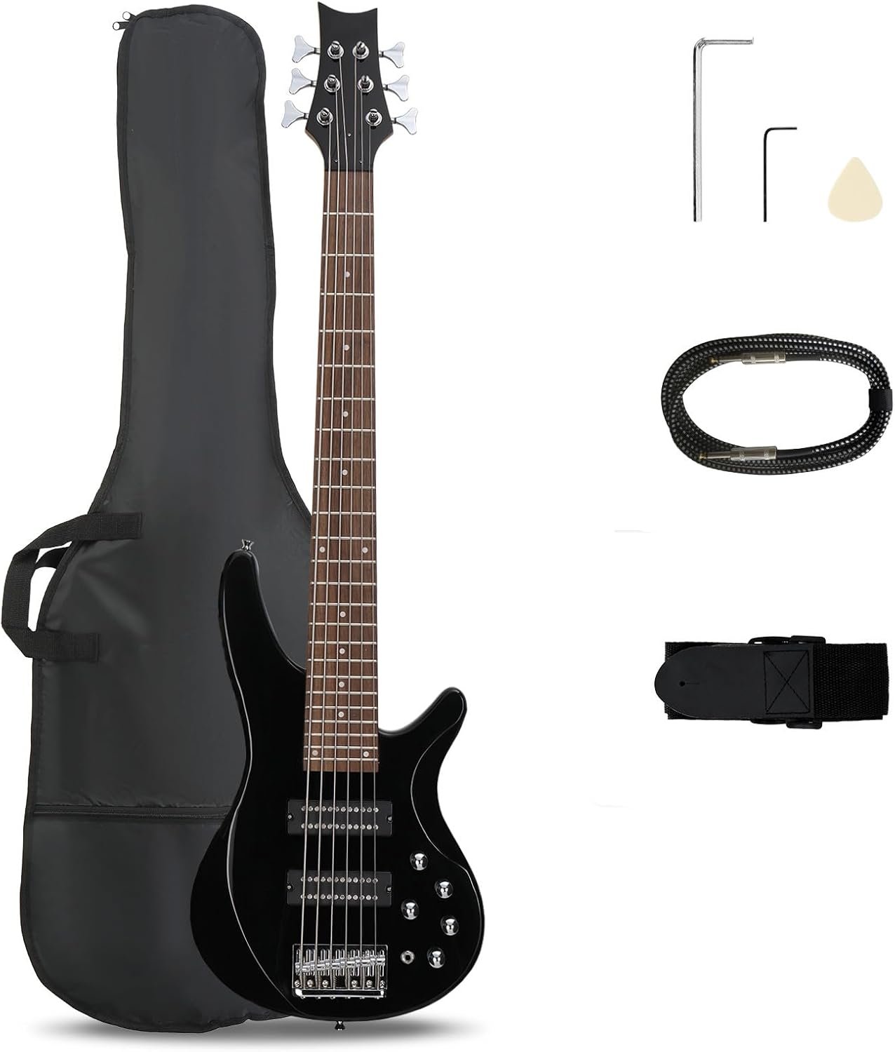 Ktaxon Bass Guitar 6 String Electric Bass Guitars, Beginner Bass Guitar with Professional H-H pickup, 3 Way Pickup Selector, Premium Cable, Unique Body Design for Beginner (Upgraded Black)